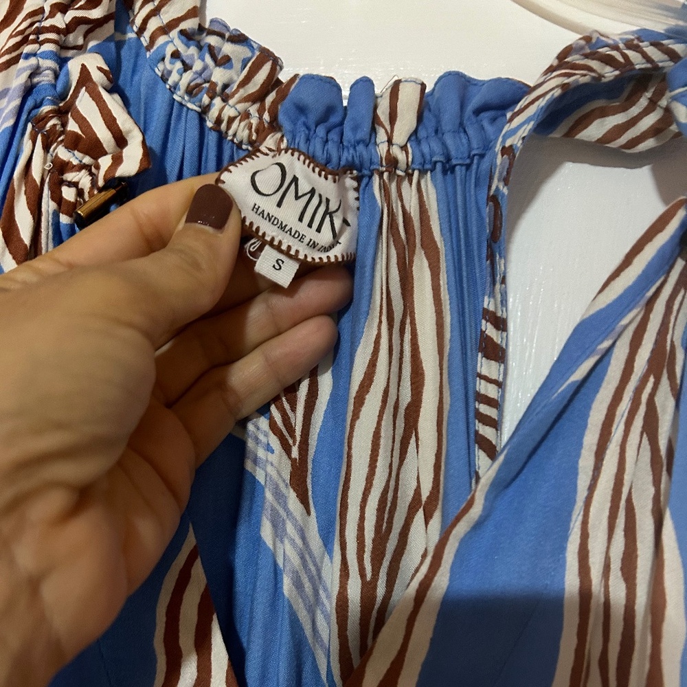 OMIKNA blue and brown maxi dress,  size small, excellent condition w/ pockets!
